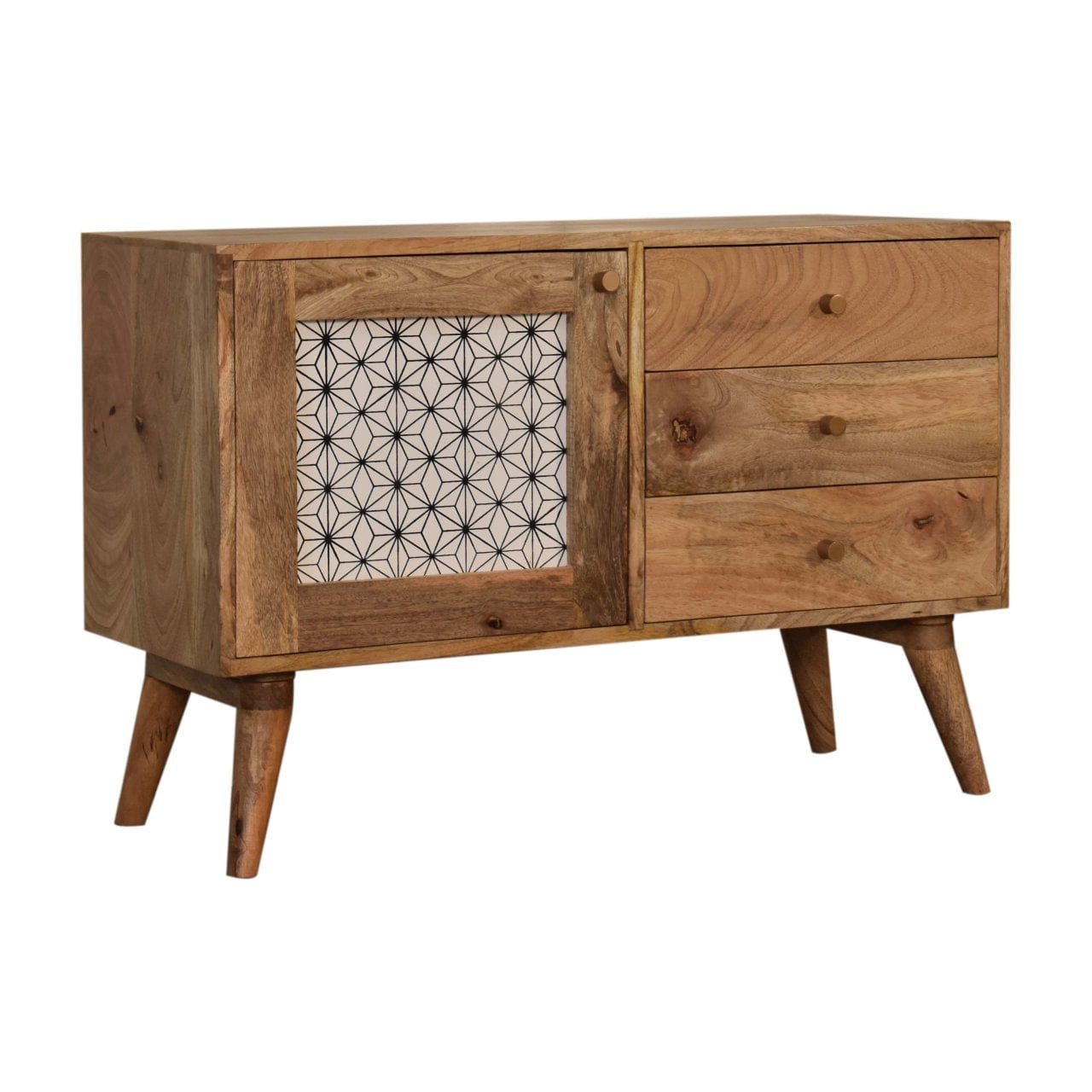 Rustic Lodge Geo Screen Print Sideboard - Solid Mango Wood Buffet Cabinet for Dining Room - product view 2 showing...