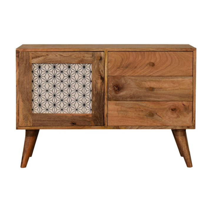 Rustic Lodge Geo Screen Print Sideboard - Solid Mango Wood Buffet Cabinet for Dining Room - main view showing handcrafted...