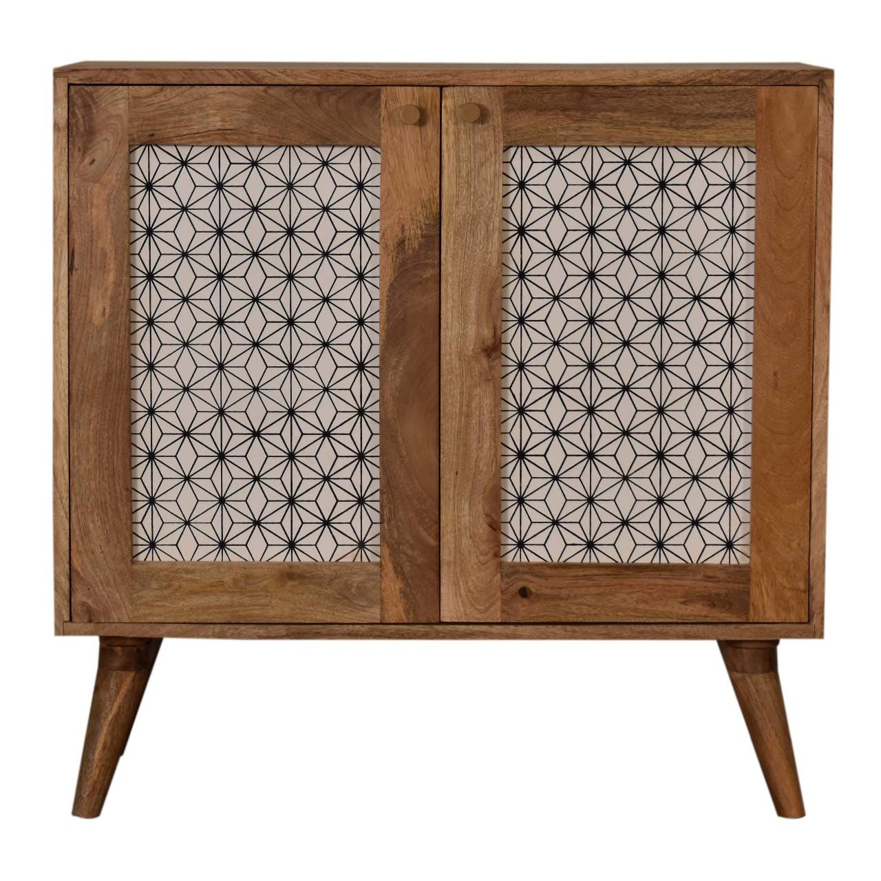 Rustic Lodge Geometric Screen Printed Sideboard - Solid Mango Wood Buffet Cabinet for Dining Room - main view showing...