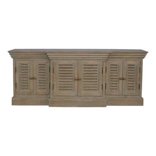 Rustic Lodge Grey Wash Shutter TV Sideboard - Solid Mango Wood Buffet Cabinet for Dining Room - product view 6 showing...