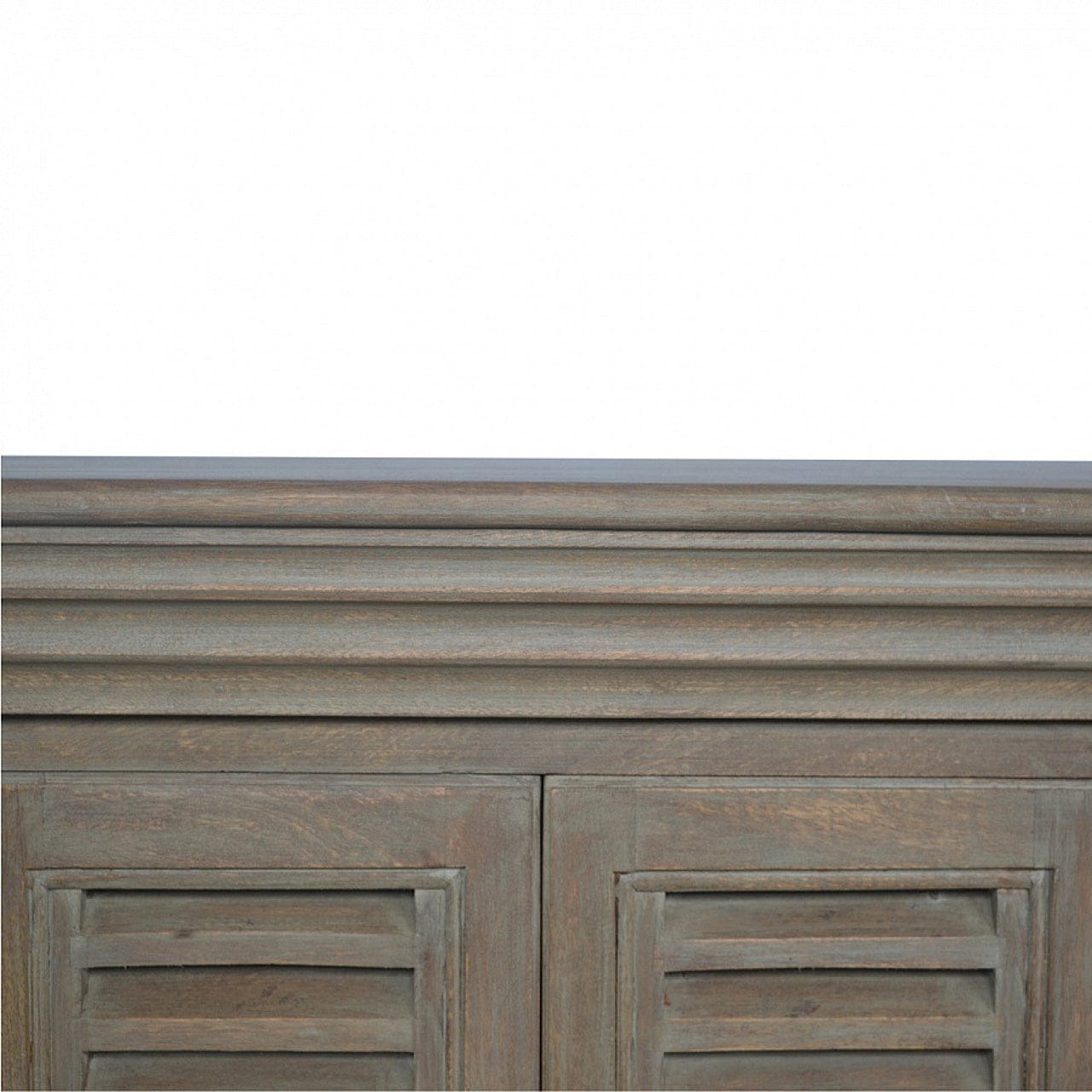 Rustic Lodge Grey Wash Shutter TV Sideboard - Solid Mango Wood Buffet Cabinet for Dining Room - product view 4 showing...