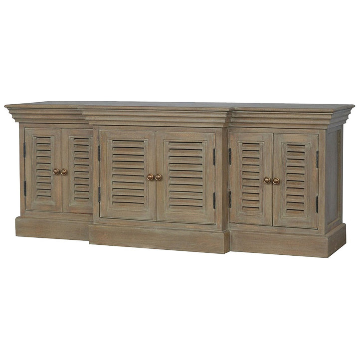 Rustic Lodge Grey Wash Shutter TV Sideboard - Solid Mango Wood Buffet Cabinet for Dining Room - product view 2 showing...