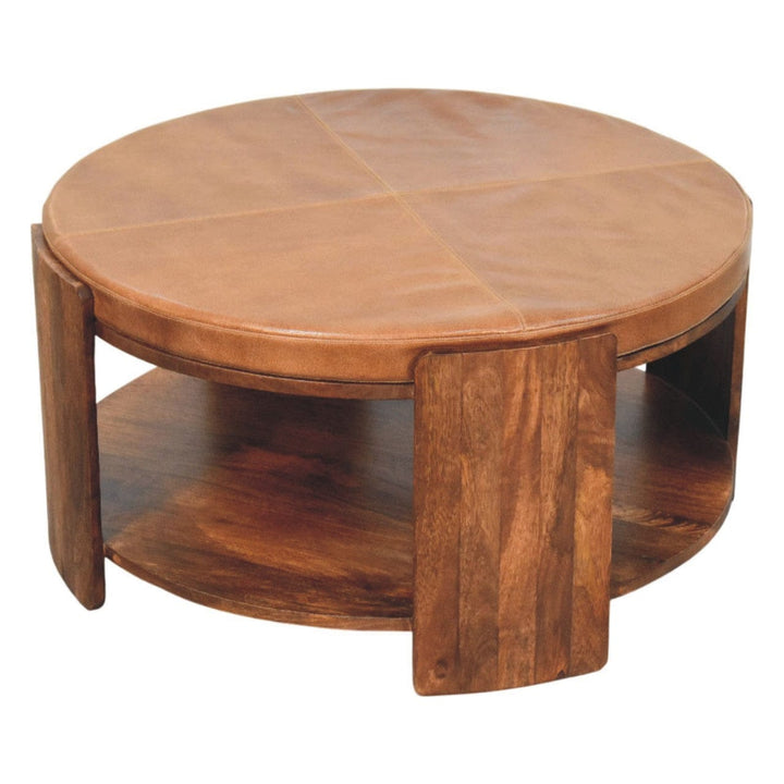 Savoy Leather Coffee Table - Solid Mango Wood Center Table for Living Room - product view 6 showing handcrafted solid...