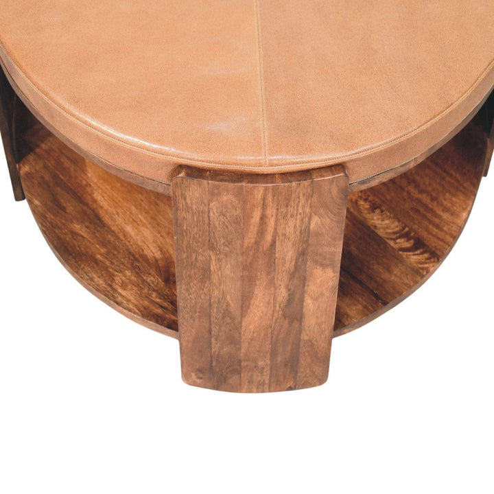 Savoy Leather Coffee Table - Solid Mango Wood Center Table for Living Room - product view 5 showing handcrafted solid...