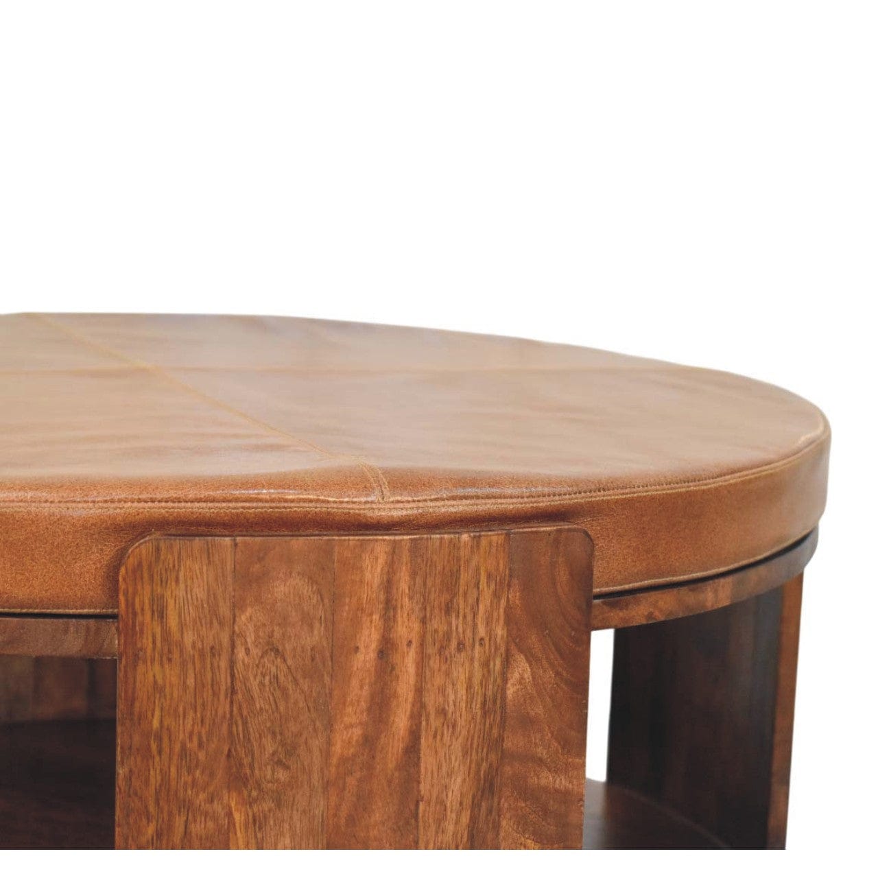 Savoy Leather Coffee Table - Solid Mango Wood Center Table for Living Room - product view 4 showing handcrafted solid...