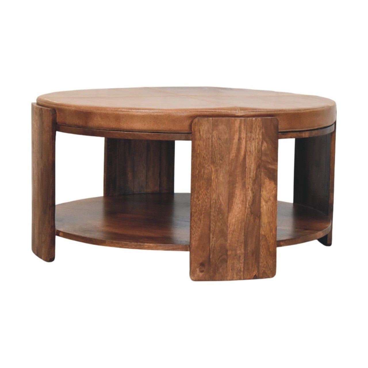 Savoy Leather Coffee Table - Solid Mango Wood Center Table for Living Room - product view 3 showing handcrafted solid...