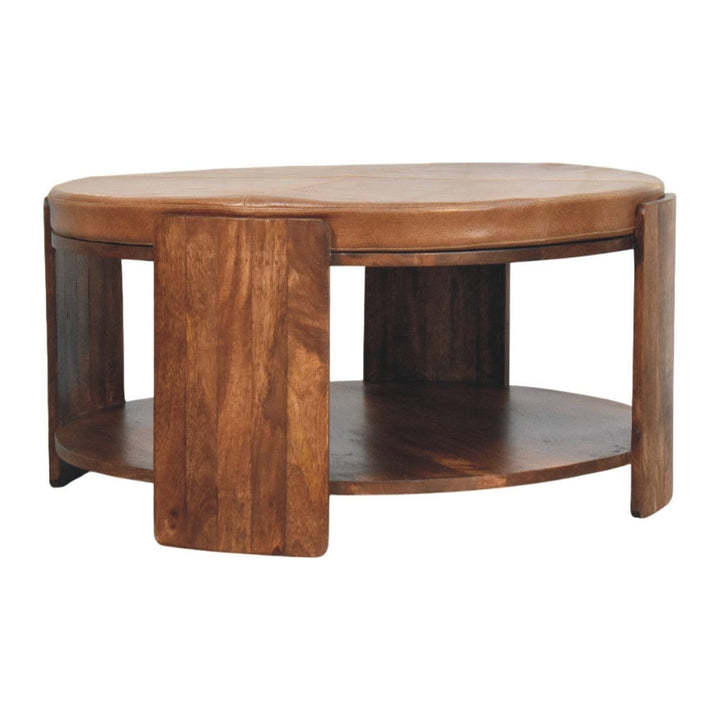 Savoy Leather Coffee Table - Solid Mango Wood Center Table for Living Room - product view 2 showing handcrafted solid...