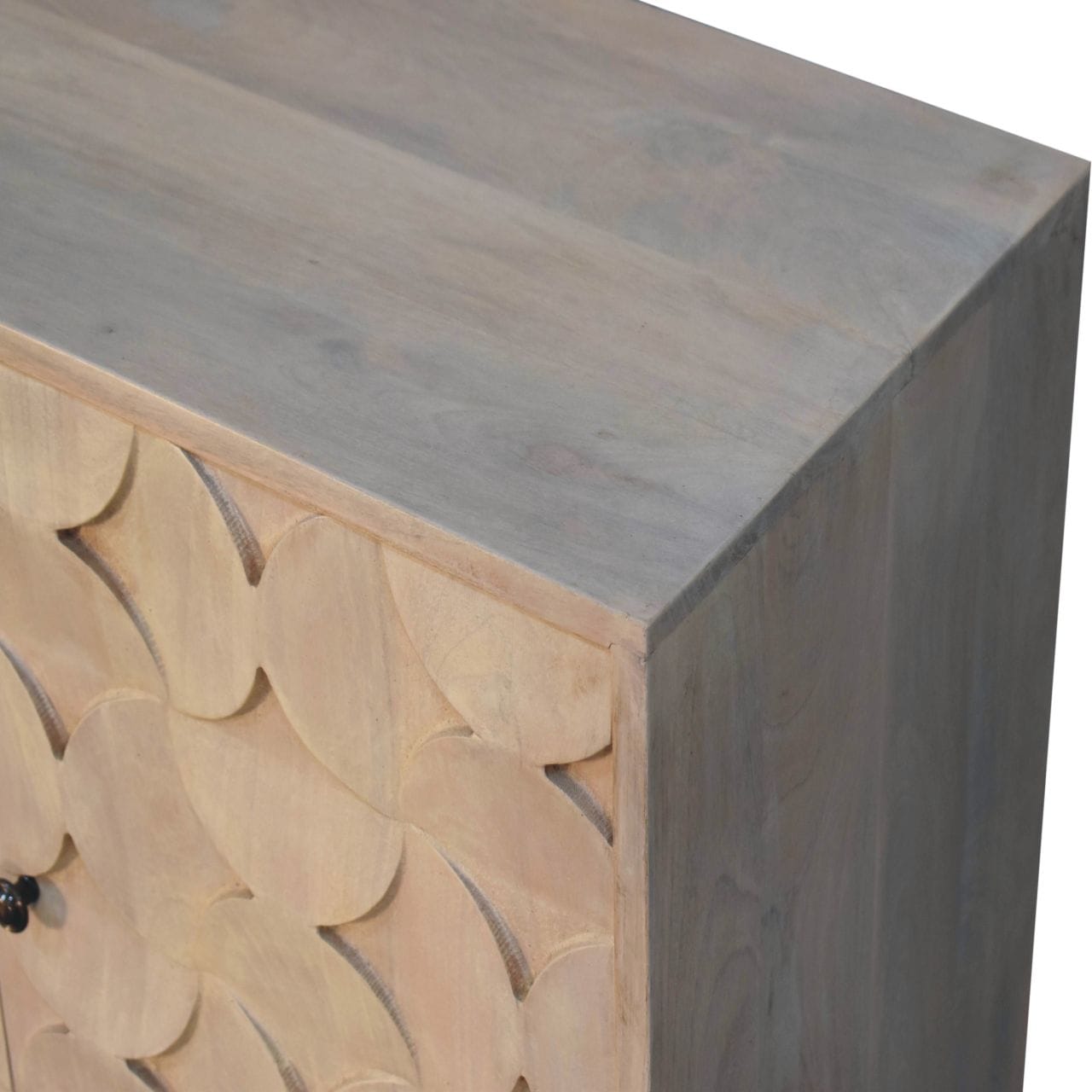 Carved Hourglass Marble Sideboard - Solid Mango Wood Buffet Cabinet for Dining Room - product view 5 showing handcrafted...