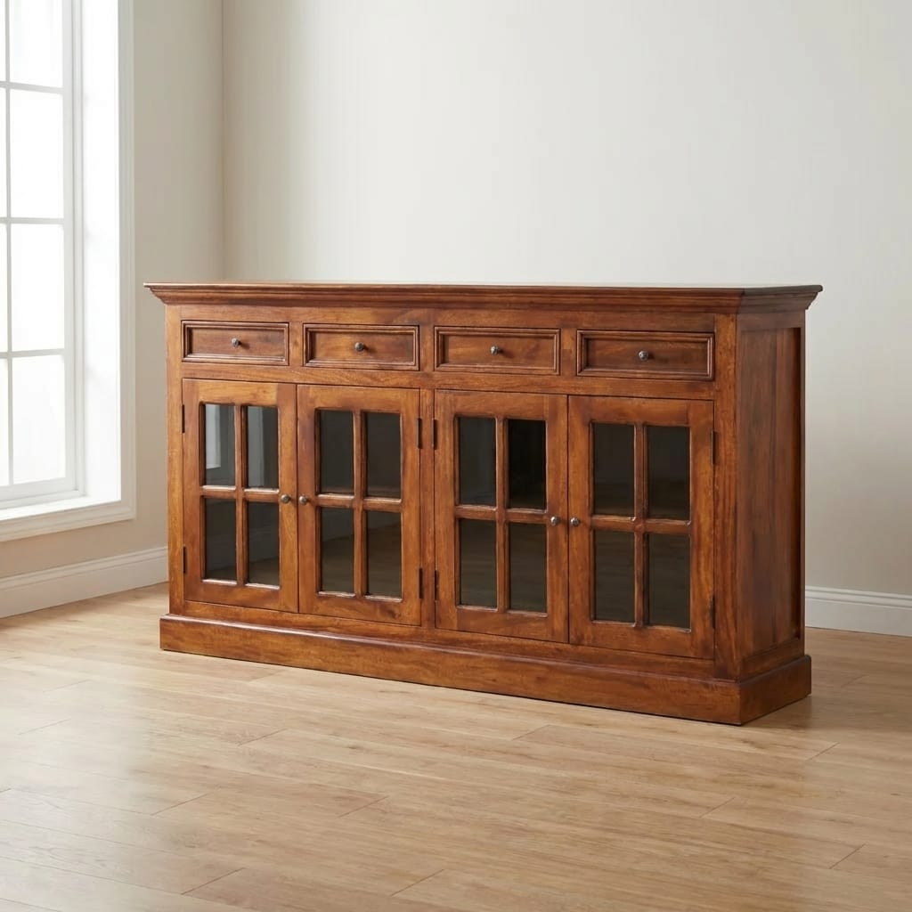 Farmhouse Glazed Sideboard - Solid Mango Wood Buffet Cabinet for Dining Room - main view showing handcrafted solid mango...