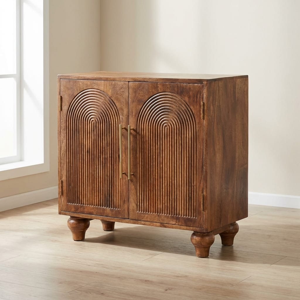 Handcrafted Arco Groove Sideboard - Solid Mango Wood Buffet Cabinet for Dining Room - main view showing handcrafted solid...