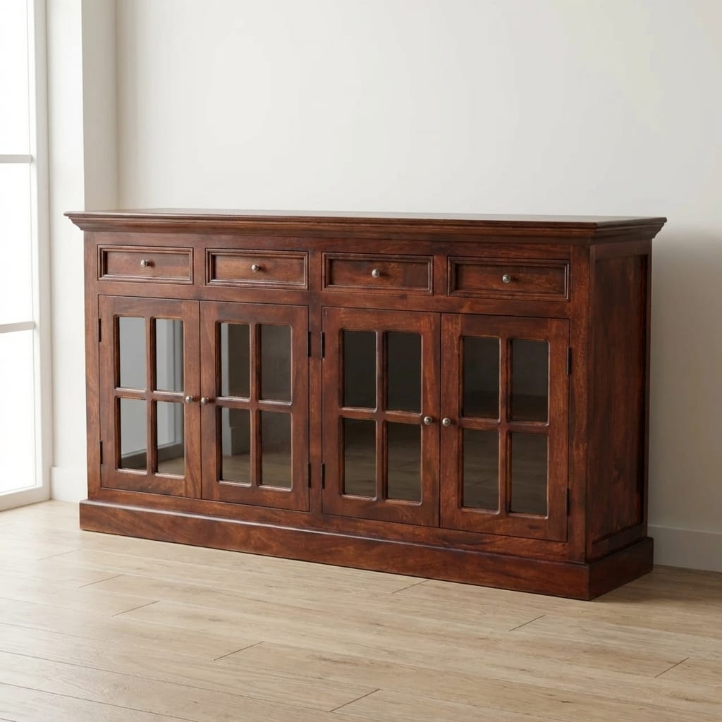 Handcrafted Cherry Glazed Sideboard - Solid Mango Wood Buffet Cabinet for Dining Room - main view showing handcrafted...