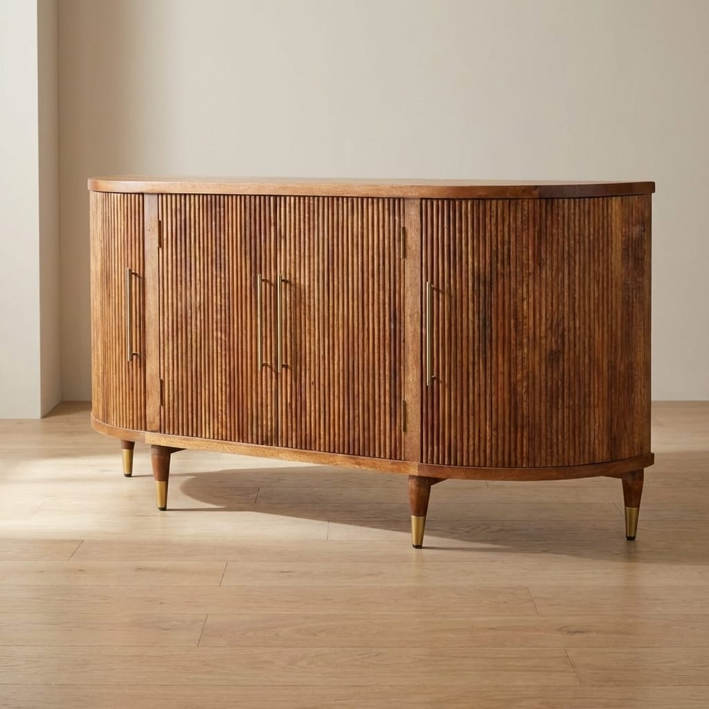 Handcrafted Ravello Curved 4-Door Sideboard - Solid Mango Wood Buffet Cabinet for Dining Room - main view showing...