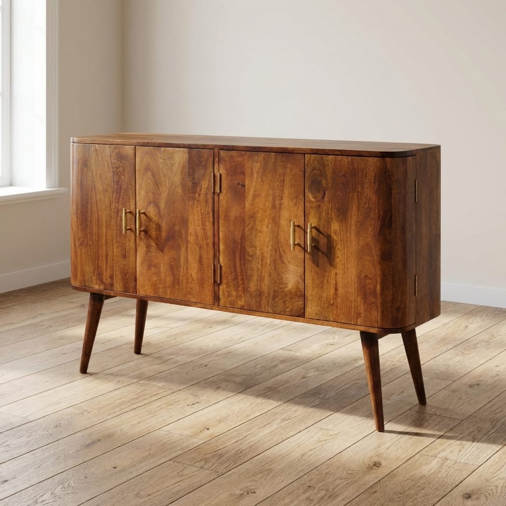 Mid-Century Modern Linden Sideboard - Solid Mango Wood Buffet Cabinet for Dining Room - main view showing handcrafted...