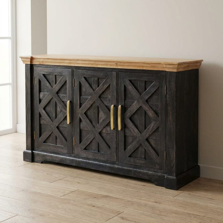 Rustic Handmade Regal Ash Black Sideboard - Solid Mango Wood Buffet Cabinet for Dining Room - main view showing...