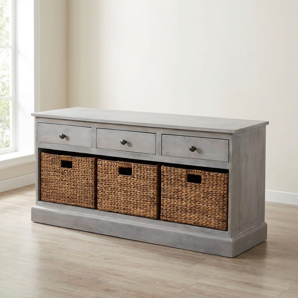 Rustic Lodge Acid Wash Basket Storage Sideboard - Solid Mango Wood Buffet Cabinet for Dining Room - main view showing...