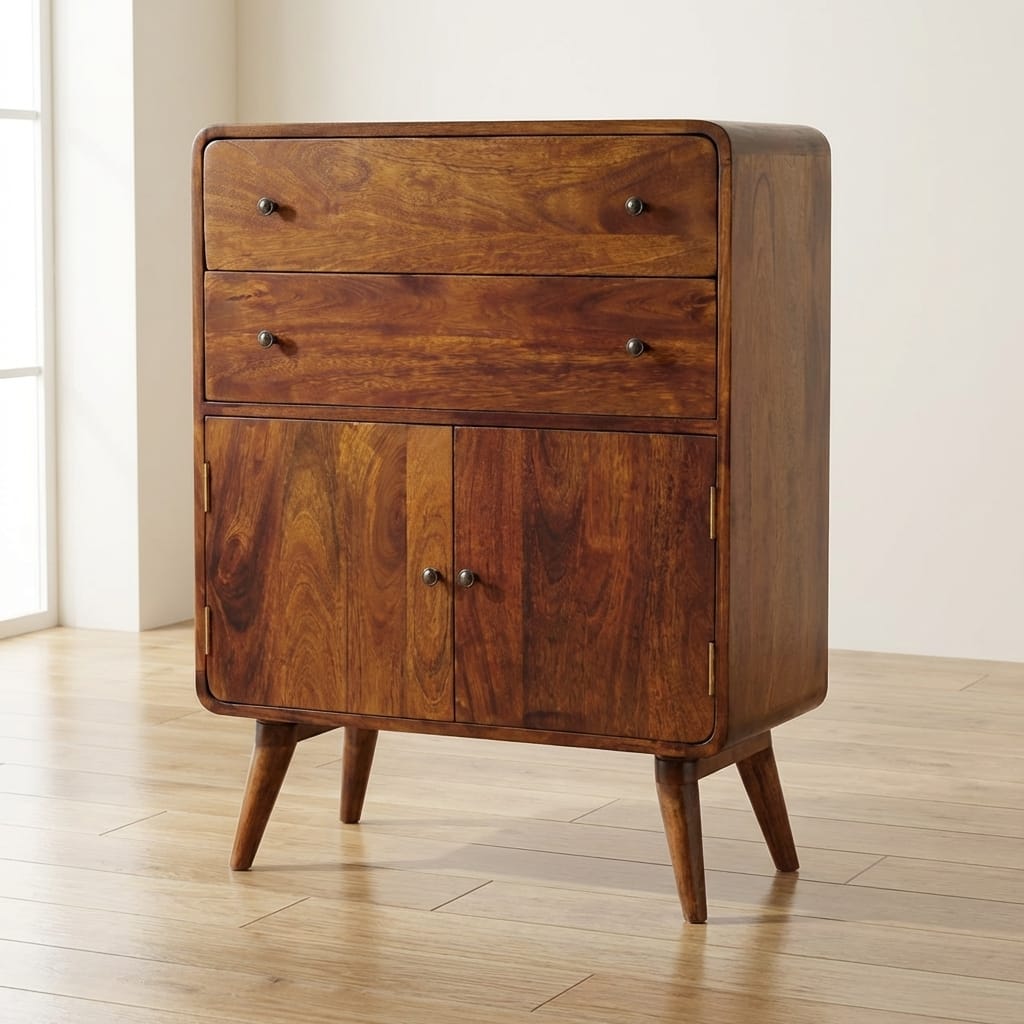 Rustic Lodge Curved Nordic Charm Sideboard - Solid Mango Wood Buffet Cabinet for Dining Room - main view showing...