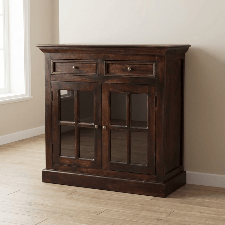Rustic Lodge Light Walnut Sideboard - Solid Mango Wood Buffet Cabinet for Dining Room - main view showing handcrafted...