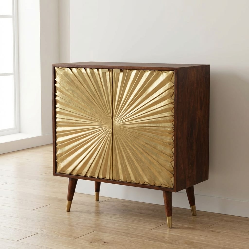 Rustic Lodge Manila Gold Sideboard - Solid Mango Wood Buffet Cabinet for Dining Room - main view showing handcrafted...