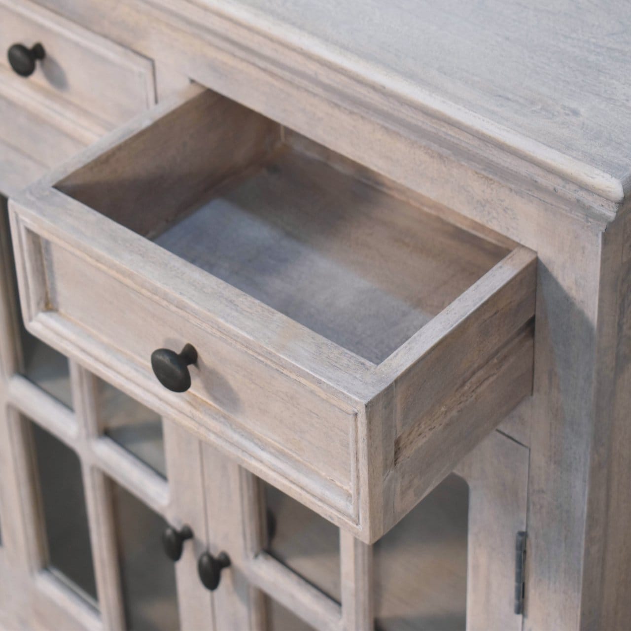 Rustic Lodge Stone Finish Sideboard - Solid Mango Wood Buffet Cabinet for Dining Room - product view 7 showing...