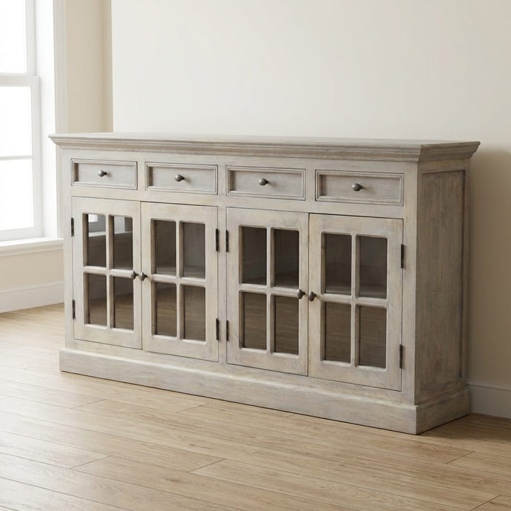 Stone Acid Wash Glazed Sideboard - Solid Mango Wood Buffet Cabinet for Dining Room with glass front doors.