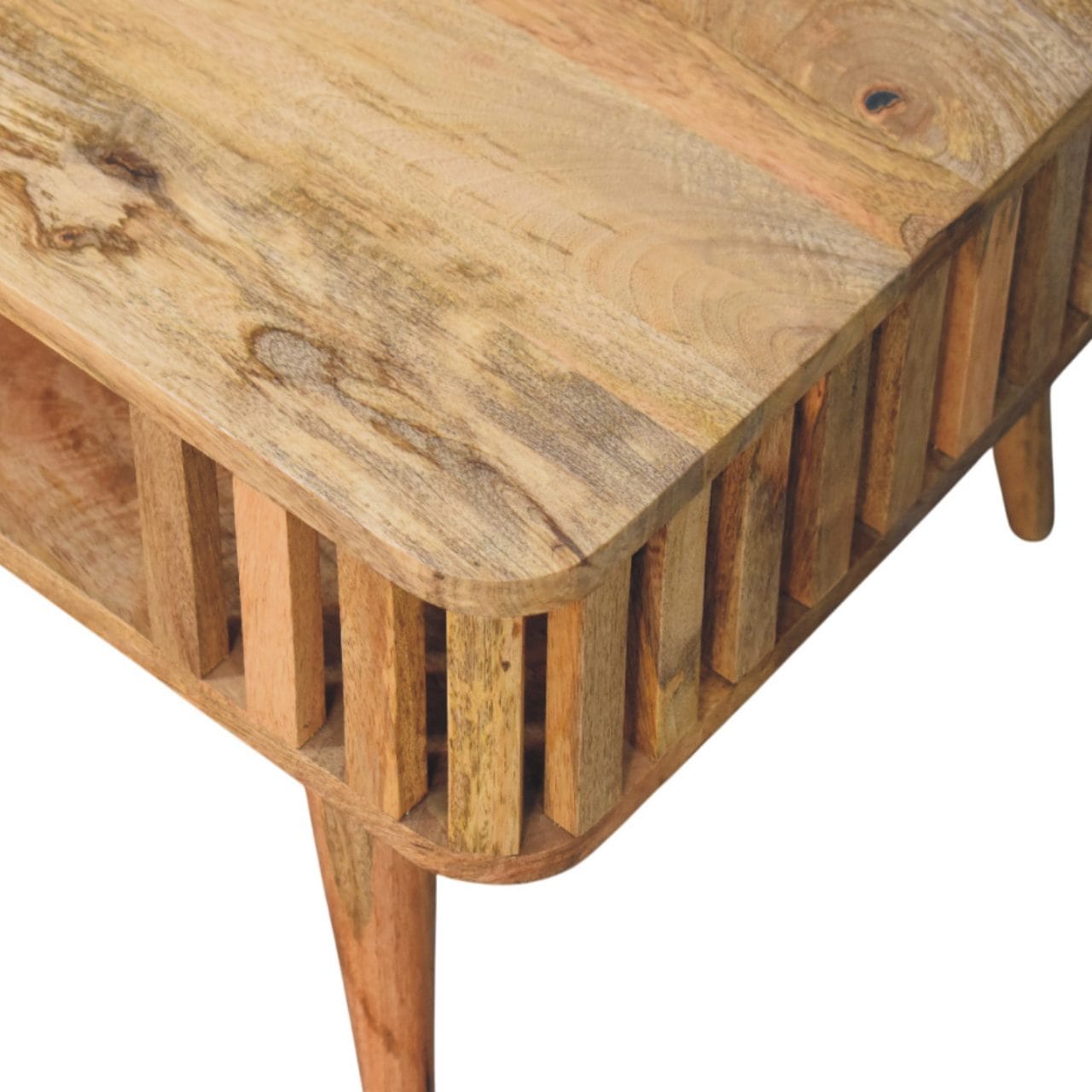 Slatted Oak-ish Coffee Table - Solid Mango Wood Center Table for Living Room - product view 5 showing handcrafted solid...