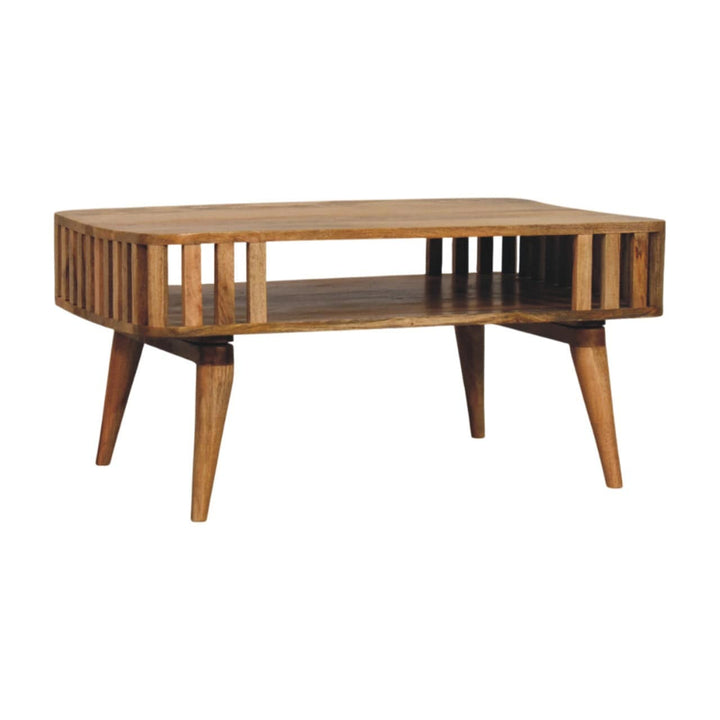 Slatted Oak-ish Coffee Table - Solid Mango Wood Center Table for Living Room - product view 3 showing handcrafted solid...