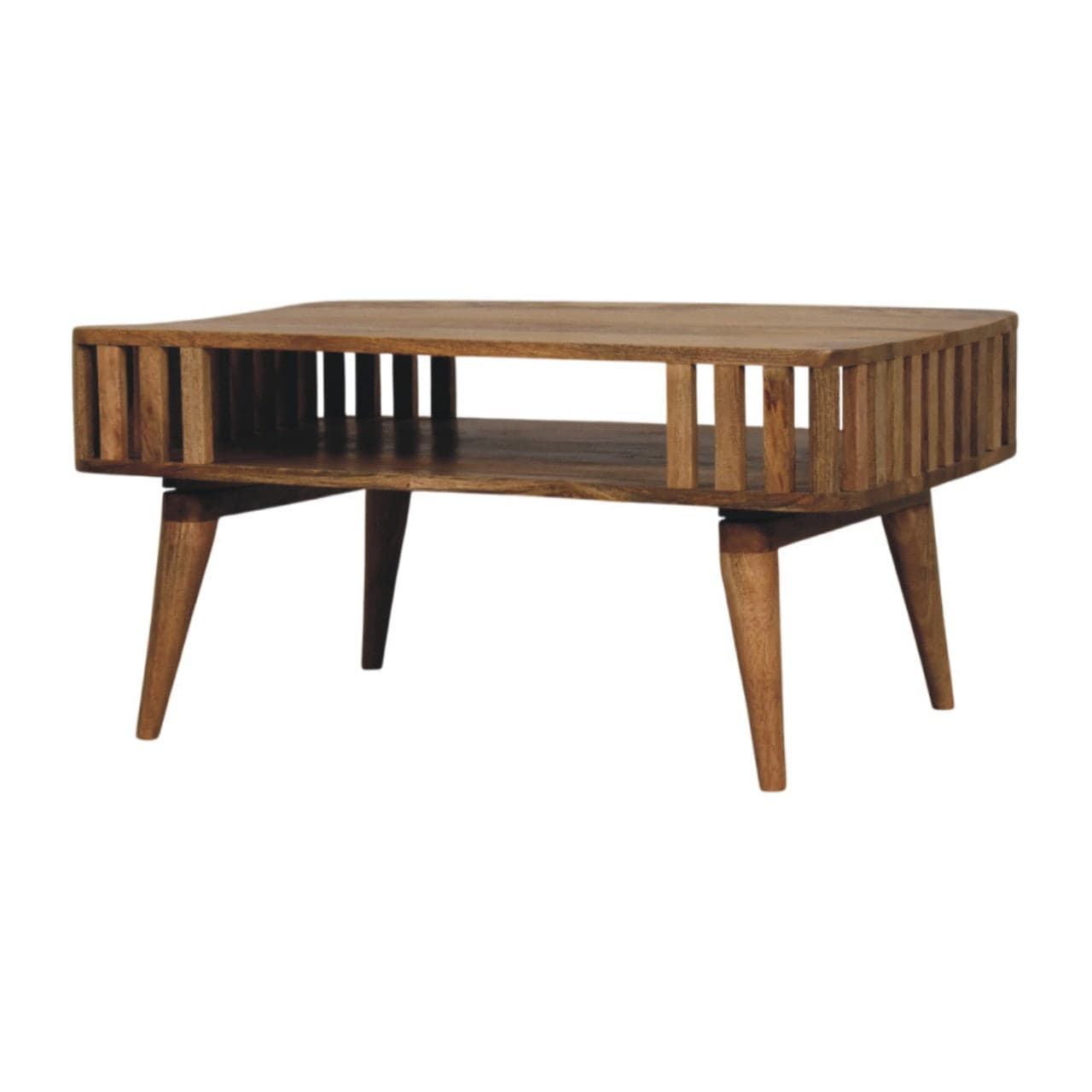 Slatted Oak-ish Coffee Table - Solid Mango Wood Center Table for Living Room - product view 2 showing handcrafted solid...