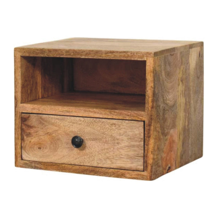 Solis 1-Drawer Oak-ish Floating Nightstand - Solid Mango Wood Bedside Table for Bedroom - product view 3 showing...