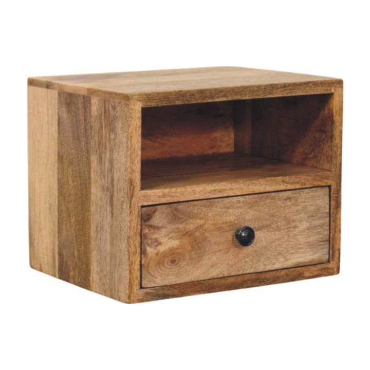 Solis 1-Drawer Oak-ish Floating Nightstand - Solid Mango Wood Bedside Table for Bedroom - product view 2 showing...