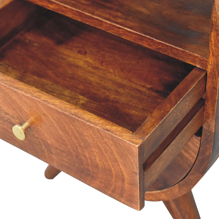 Split Chestnut Nightstand - Solid Mango Wood Bedside Table for Bedroom - product view 6 showing handcrafted solid mango...