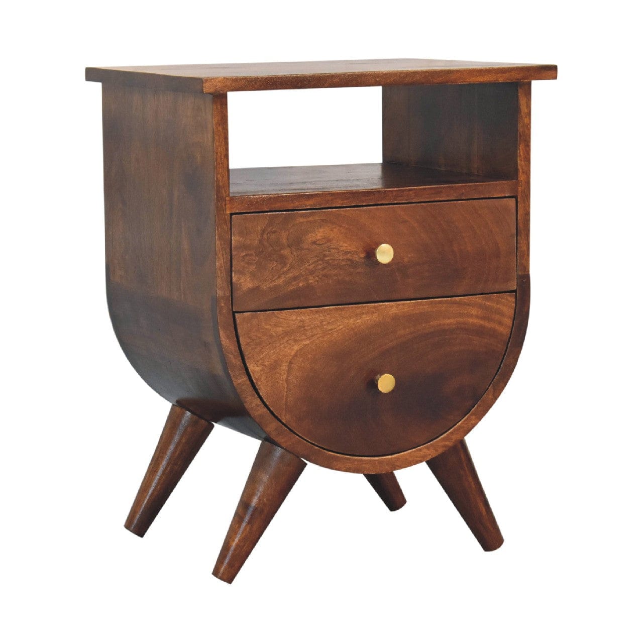 Split Chestnut Nightstand - Solid Mango Wood Bedside Table for Bedroom - product view 3 showing handcrafted solid mango...