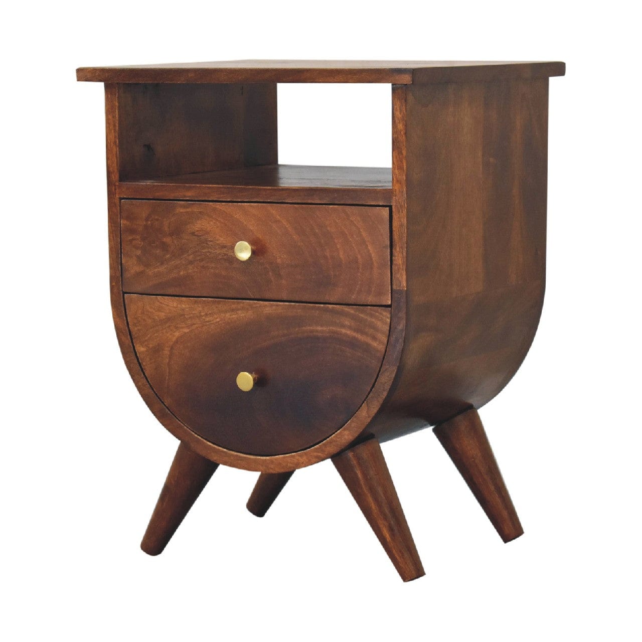 Split Chestnut Nightstand - Solid Mango Wood Bedside Table for Bedroom - product view 2 showing handcrafted solid mango...
