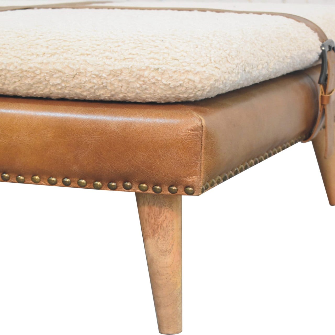 Square Bouclé Buffalo Hide Brown Leather Footstool - Solid Mango Wood Accent Stool for Living Room - product view 8...