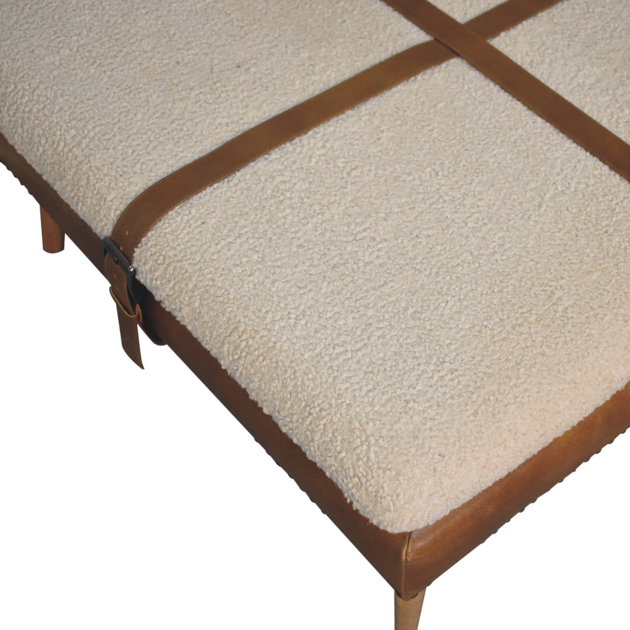 Square Bouclé Buffalo Hide Brown Leather Footstool - Solid Mango Wood Accent Stool for Living Room - product view 7...