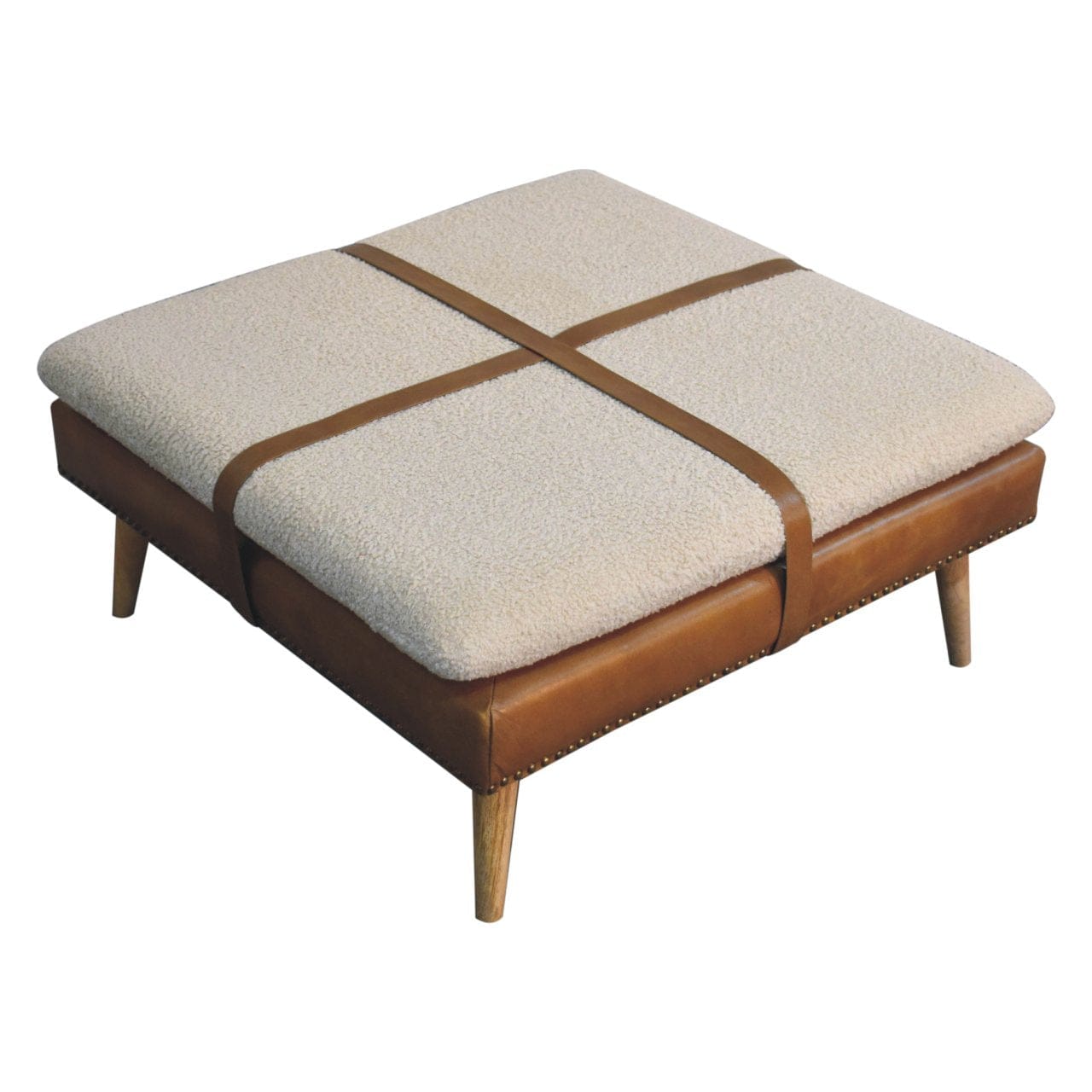 Square Bouclé Buffalo Hide Brown Leather Footstool - Solid Mango Wood Accent Stool for Living Room - product view 6...