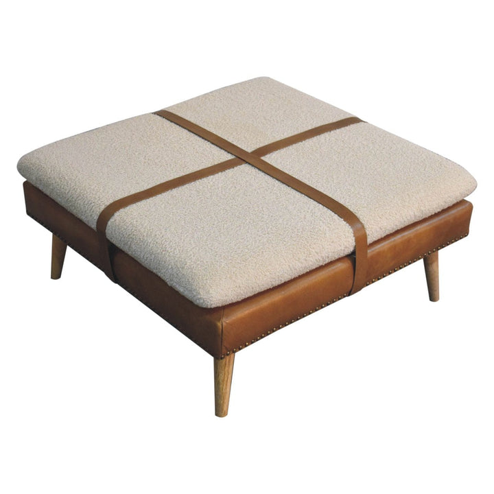 Square Bouclé Buffalo Hide Brown Leather Footstool - Solid Mango Wood Accent Stool for Living Room - product view 6...