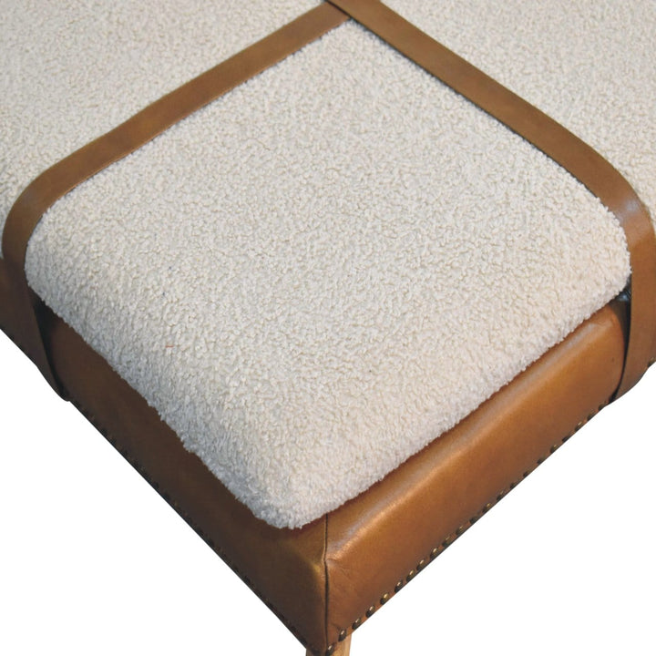 Square Bouclé Buffalo Hide Brown Leather Footstool - Solid Mango Wood Accent Stool for Living Room - product view 5...