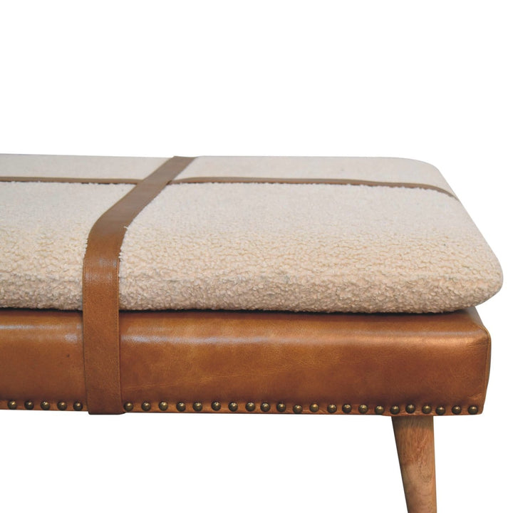 Square Bouclé Buffalo Hide Brown Leather Footstool - Solid Mango Wood Accent Stool for Living Room - product view 4...