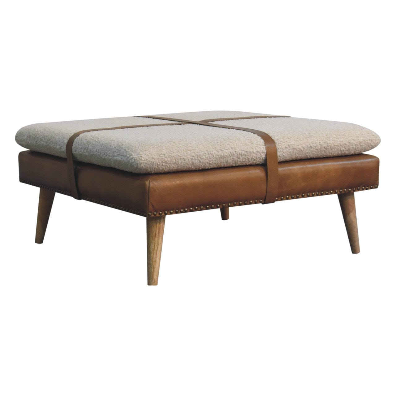 Square Bouclé Buffalo Hide Brown Leather Footstool - Solid Mango Wood Accent Stool for Living Room - product view 3...