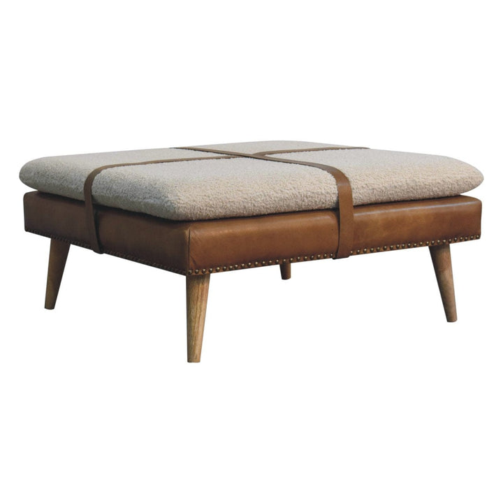 Square Bouclé Buffalo Hide Brown Leather Footstool - Solid Mango Wood Accent Stool for Living Room - product view 3...