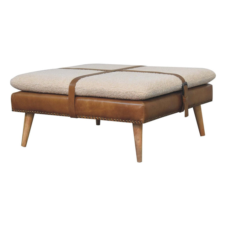 Square Bouclé Buffalo Hide Brown Leather Footstool - Solid Mango Wood Accent Stool for Living Room - product view 2...