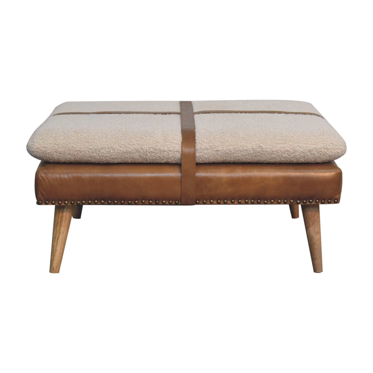 Square Bouclé Buffalo Hide Brown Leather Footstool - Solid Mango Wood Accent Stool for Living Room - main view showing...