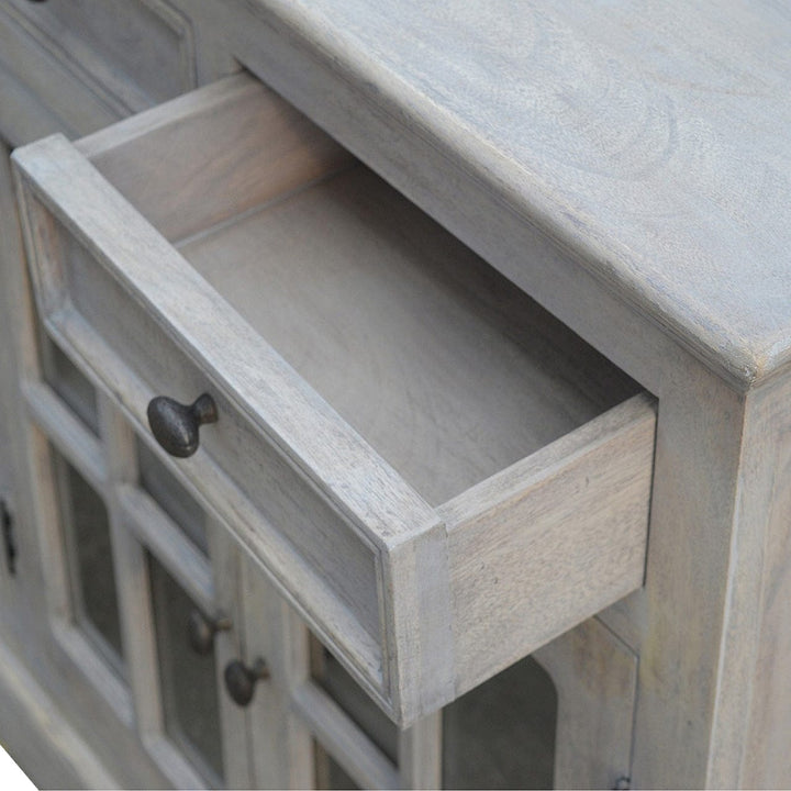 Stone Acid Wash Glazed Sideboard - Solid Mango Wood Buffet Cabinet for Dining Room drawer detail
