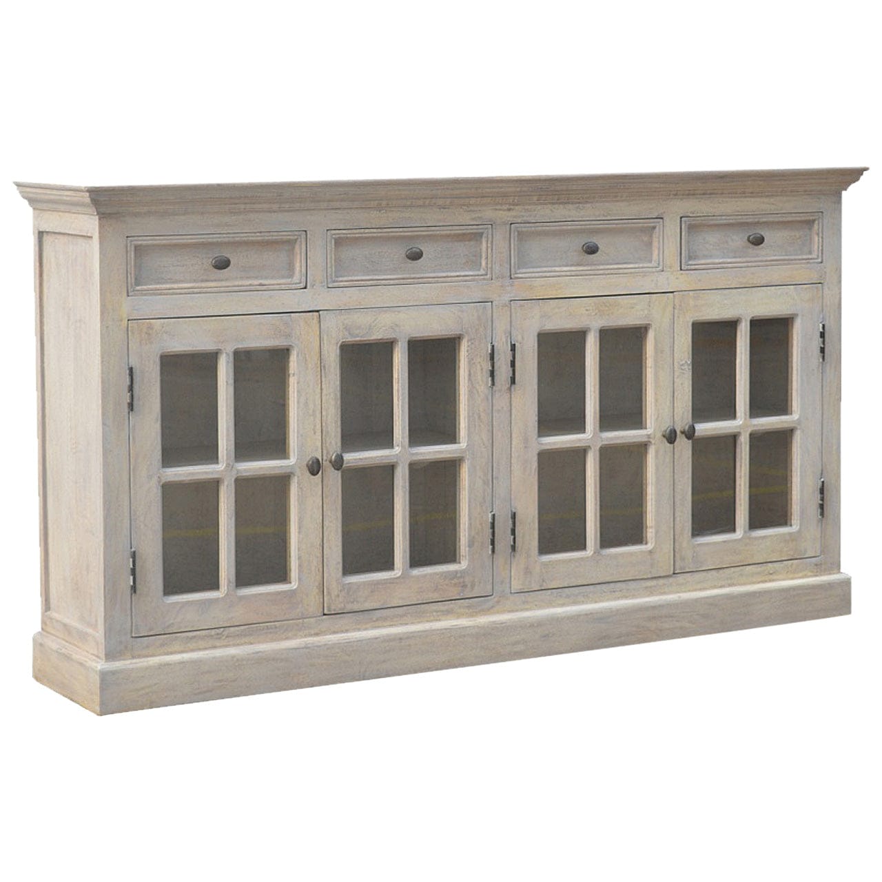 Stone Acid Wash Glazed Sideboard - Solid Mango Wood Buffet Cabinet for Dining Room, versatile storage with glass doors.
