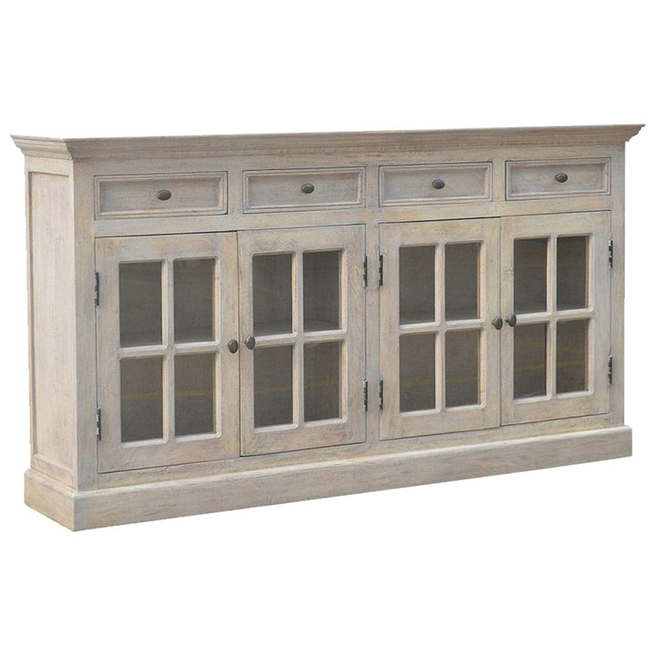 Stone Acid Wash Glazed Sideboard - Solid Mango Wood Buffet Cabinet for Dining Room, versatile storage with glass doors.