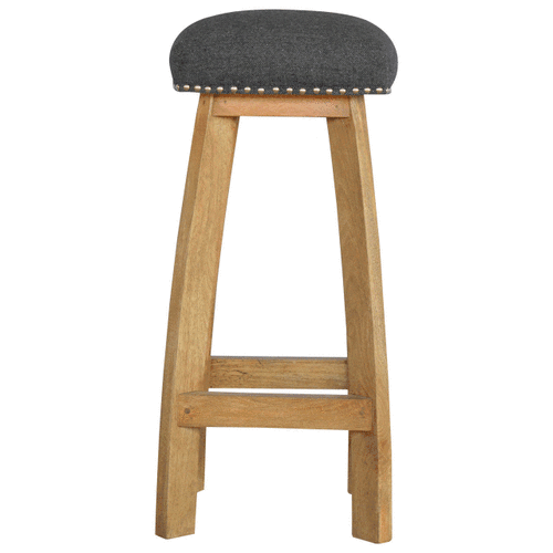Black Tweed Studded Bar Stool - Solid Mango Wood Counter Stool for Kitchen - product view 6 showing handcrafted solid...
