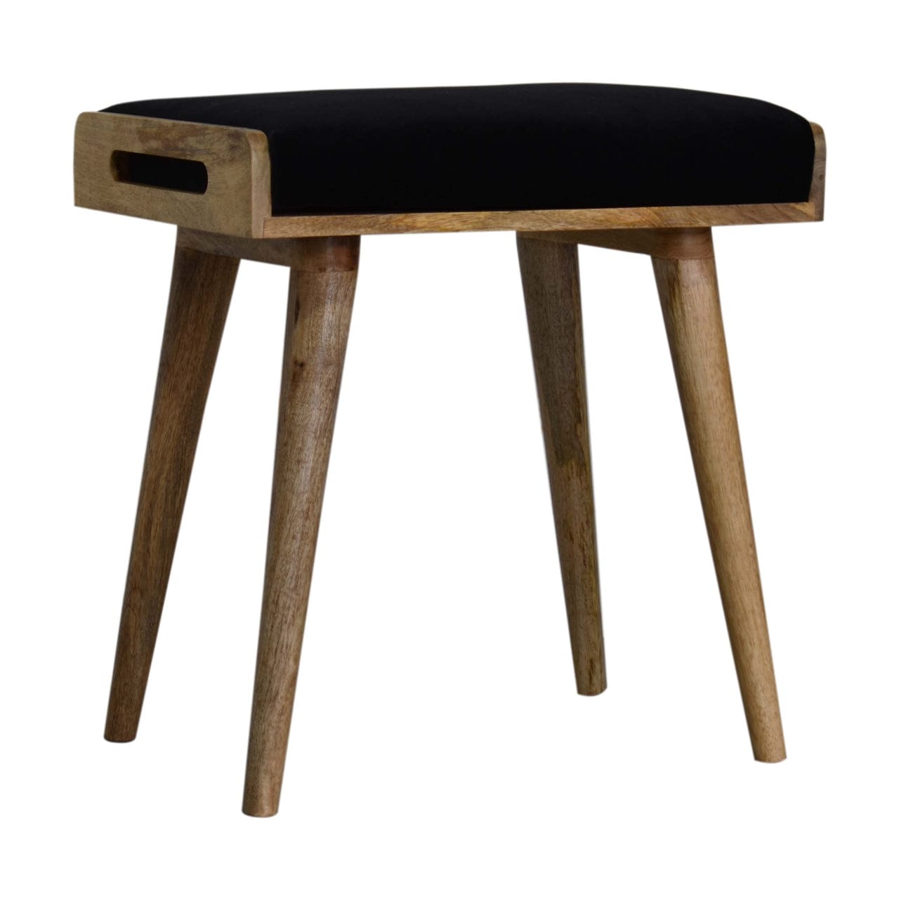 Black Velvet Tray Style Footstool - Solid Mango Wood Accent Stool for Living Room - product view 3 showing handcrafted...