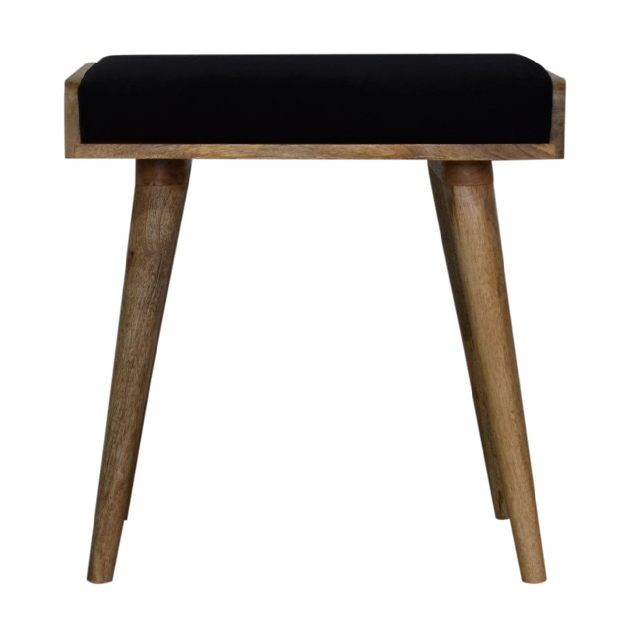 Black Velvet Tray Style Footstool - Solid Mango Wood Accent Stool for Living Room - product view 2 showing handcrafted...
