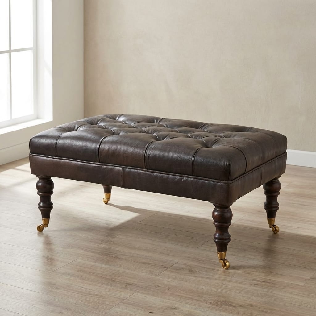 Buffalo Ash Black Leather Ottoman - Solid Mango Wood Accent Stool for Living Room - main view showing handcrafted solid...