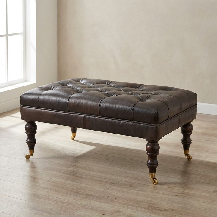 Buffalo Ash Black Leather Ottoman - Solid Mango Wood Accent Stool for Living Room - main view showing handcrafted solid...